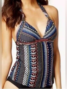 Bar III Tankini Swim Top Women XS Multicolor Geometric Halter Adjustable Bikini